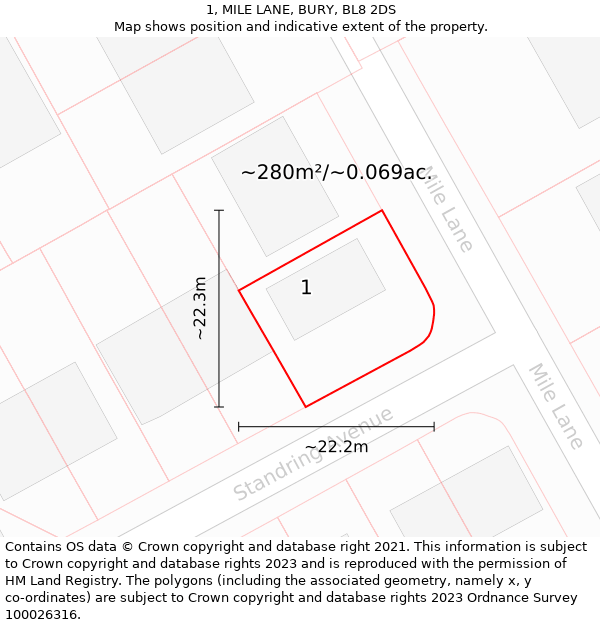 1, MILE LANE, BURY, BL8 2DS: Plot and title map