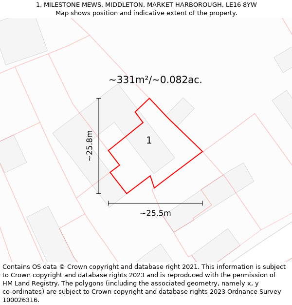 1, MILESTONE MEWS, MIDDLETON, MARKET HARBOROUGH, LE16 8YW: Plot and title map