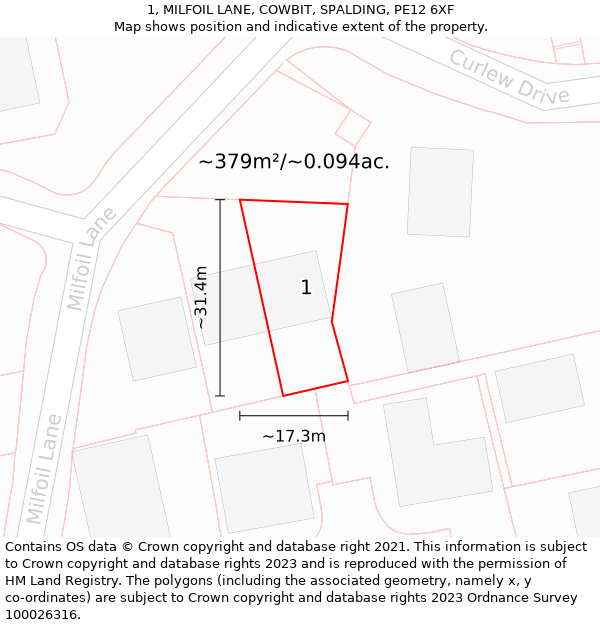 1, MILFOIL LANE, COWBIT, SPALDING, PE12 6XF: Plot and title map