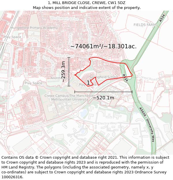 1, MILL BRIDGE CLOSE, CREWE, CW1 5DZ: Plot and title map