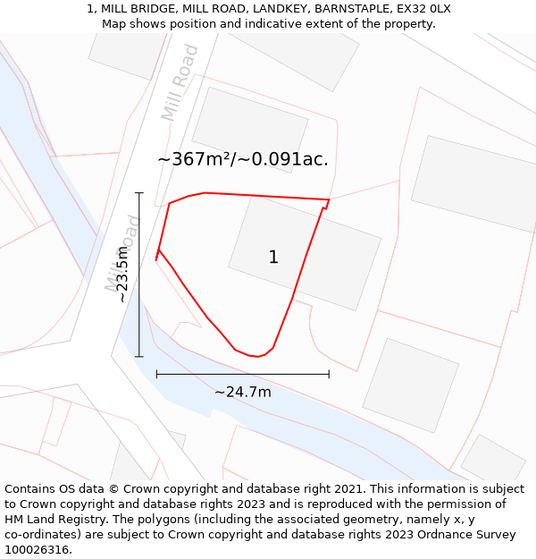 1, MILL BRIDGE, MILL ROAD, LANDKEY, BARNSTAPLE, EX32 0LX: Plot and title map