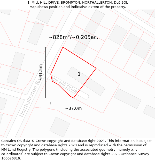 1, MILL HILL DRIVE, BROMPTON, NORTHALLERTON, DL6 2QL: Plot and title map