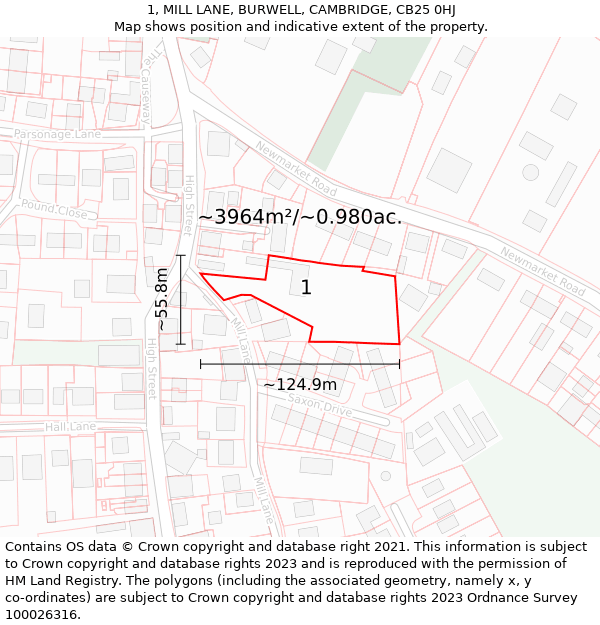 1, MILL LANE, BURWELL, CAMBRIDGE, CB25 0HJ: Plot and title map