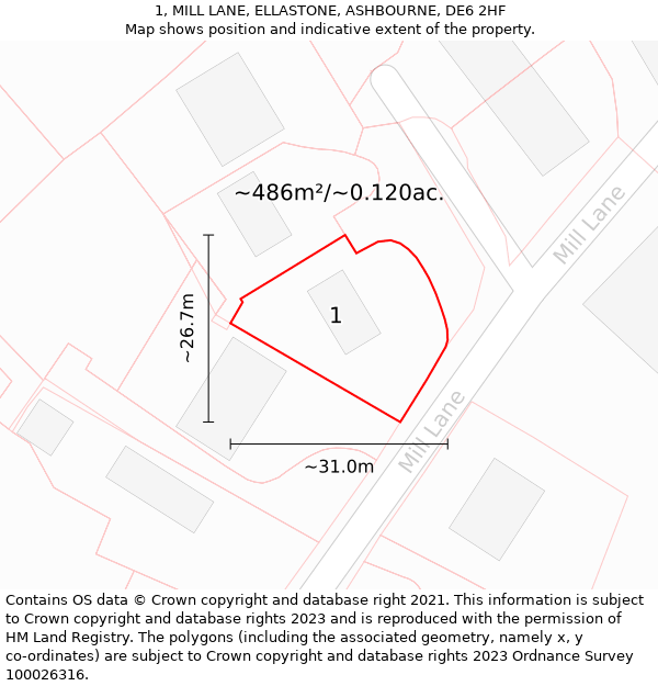 1, MILL LANE, ELLASTONE, ASHBOURNE, DE6 2HF: Plot and title map