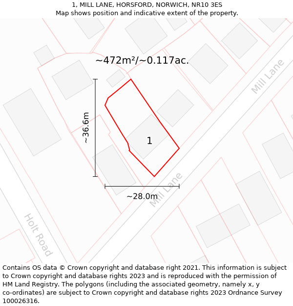 1, MILL LANE, HORSFORD, NORWICH, NR10 3ES: Plot and title map