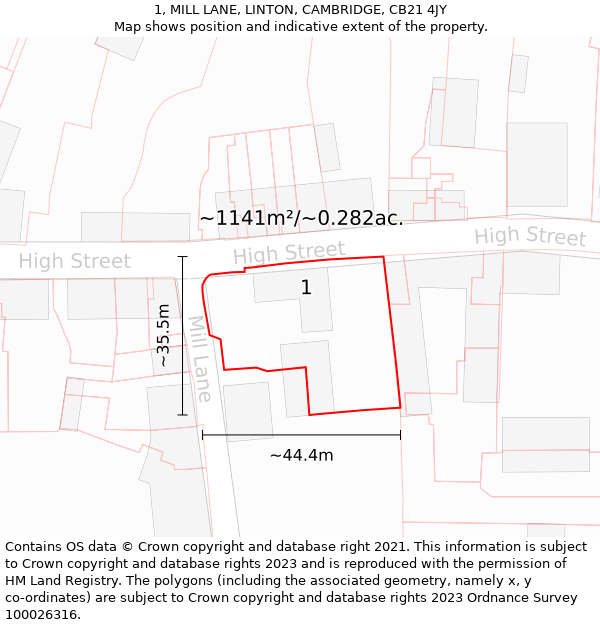 1, MILL LANE, LINTON, CAMBRIDGE, CB21 4JY: Plot and title map