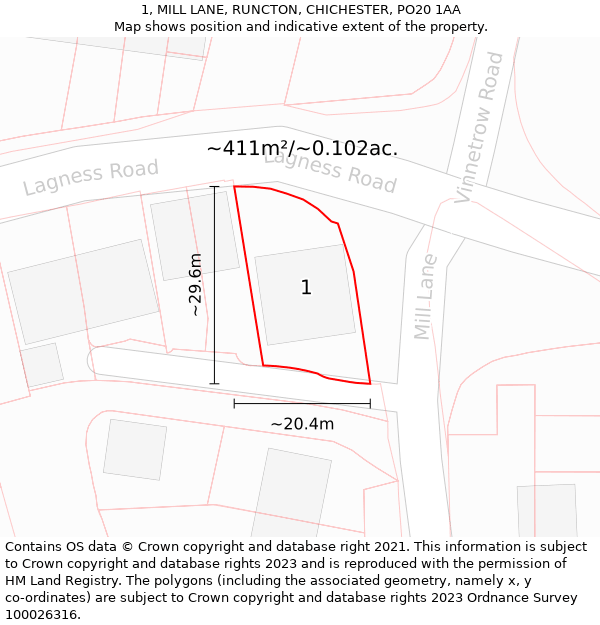 1, MILL LANE, RUNCTON, CHICHESTER, PO20 1AA: Plot and title map