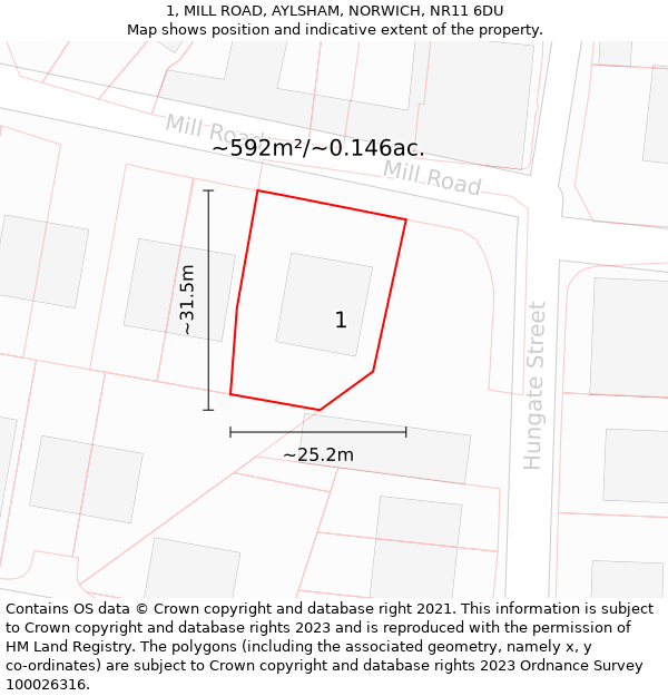 1, MILL ROAD, AYLSHAM, NORWICH, NR11 6DU: Plot and title map