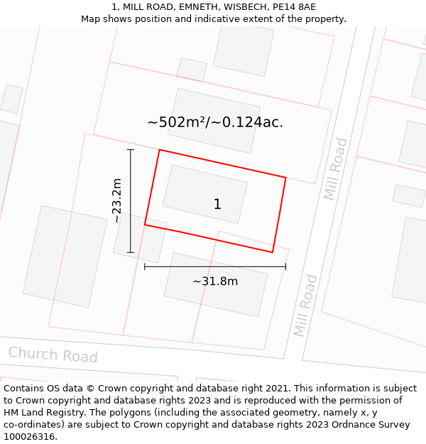 1, MILL ROAD, EMNETH, WISBECH, PE14 8AE: Plot and title map