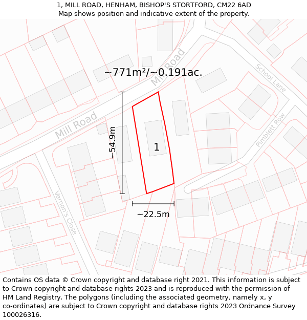 1, MILL ROAD, HENHAM, BISHOP'S STORTFORD, CM22 6AD: Plot and title map