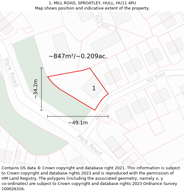 1, MILL ROAD, SPROATLEY, HULL, HU11 4PU: Plot and title map