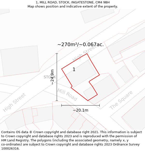 1, MILL ROAD, STOCK, INGATESTONE, CM4 9BH: Plot and title map