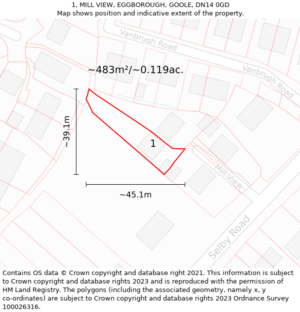 1, MILL VIEW, EGGBOROUGH, GOOLE, DN14 0GD: Plot and title map