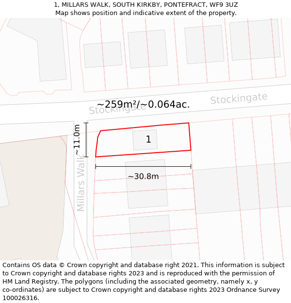 1, MILLARS WALK, SOUTH KIRKBY, PONTEFRACT, WF9 3UZ: Plot and title map