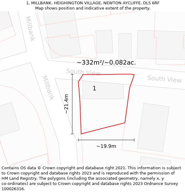 1, MILLBANK, HEIGHINGTON VILLAGE, NEWTON AYCLIFFE, DL5 6RF: Plot and title map