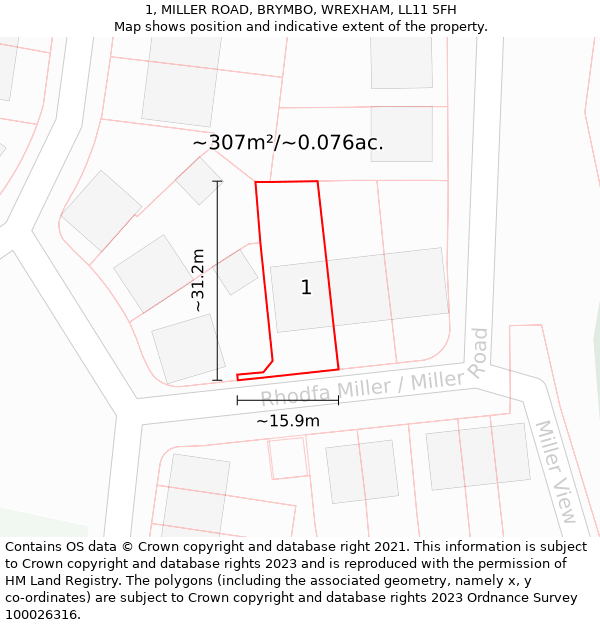 1, MILLER ROAD, BRYMBO, WREXHAM, LL11 5FH: Plot and title map