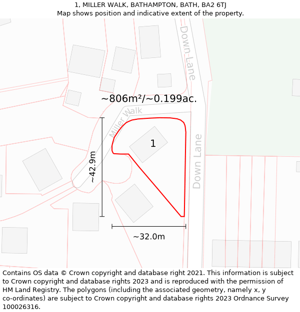 1, MILLER WALK, BATHAMPTON, BATH, BA2 6TJ: Plot and title map