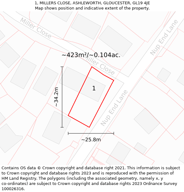 1, MILLERS CLOSE, ASHLEWORTH, GLOUCESTER, GL19 4JE: Plot and title map