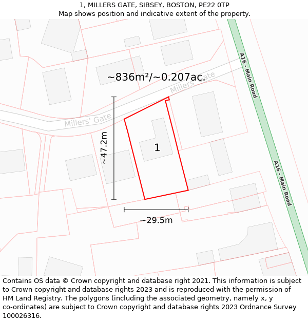 1, MILLERS GATE, SIBSEY, BOSTON, PE22 0TP: Plot and title map