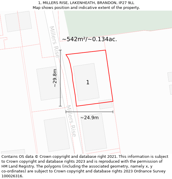 1, MILLERS RISE, LAKENHEATH, BRANDON, IP27 9LL: Plot and title map