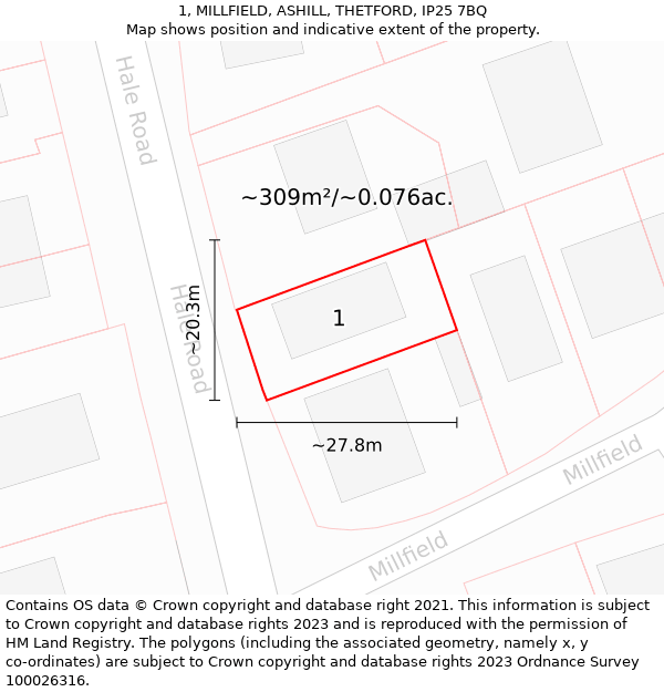 1, MILLFIELD, ASHILL, THETFORD, IP25 7BQ: Plot and title map