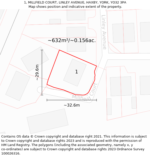 1, MILLFIELD COURT, LINLEY AVENUE, HAXBY, YORK, YO32 3PA: Plot and title map