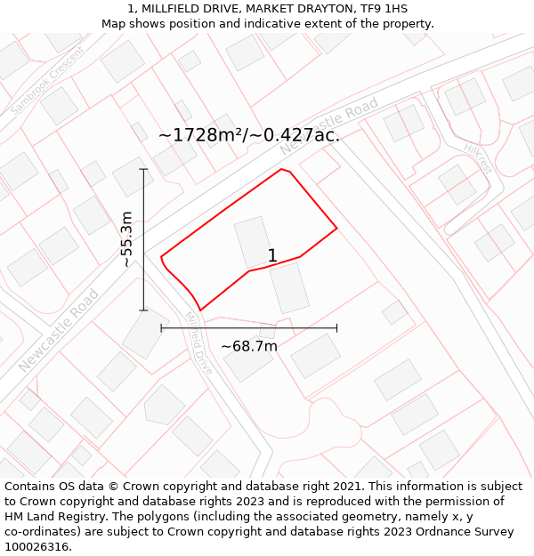 1, MILLFIELD DRIVE, MARKET DRAYTON, TF9 1HS: Plot and title map