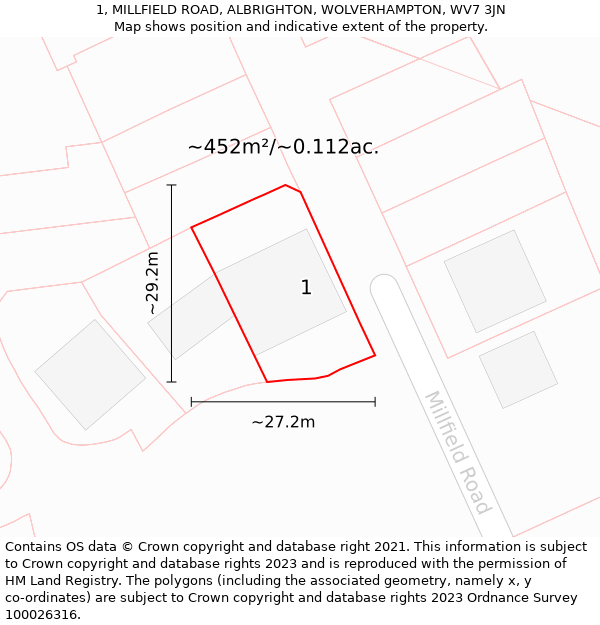 1, MILLFIELD ROAD, ALBRIGHTON, WOLVERHAMPTON, WV7 3JN: Plot and title map