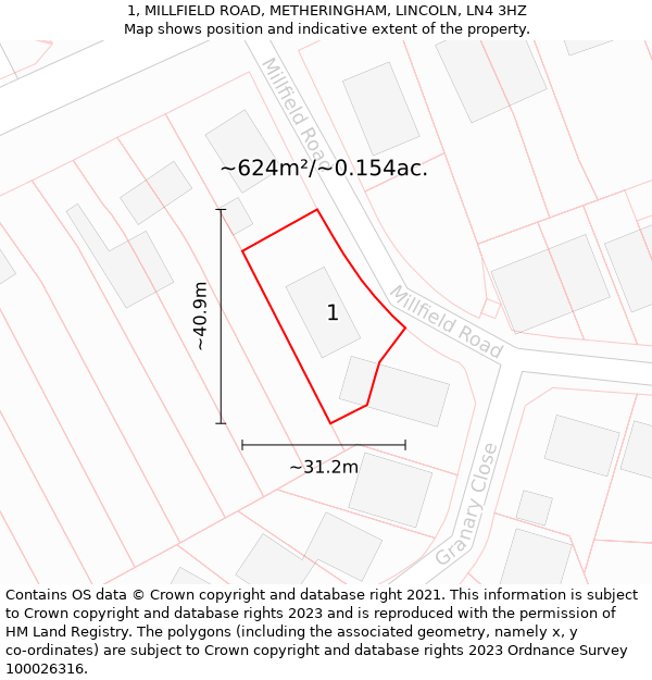 1, MILLFIELD ROAD, METHERINGHAM, LINCOLN, LN4 3HZ: Plot and title map