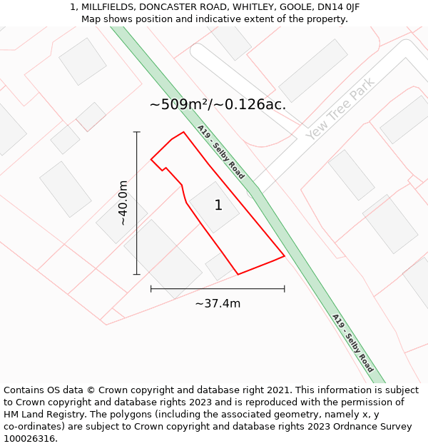 1, MILLFIELDS, DONCASTER ROAD, WHITLEY, GOOLE, DN14 0JF: Plot and title map