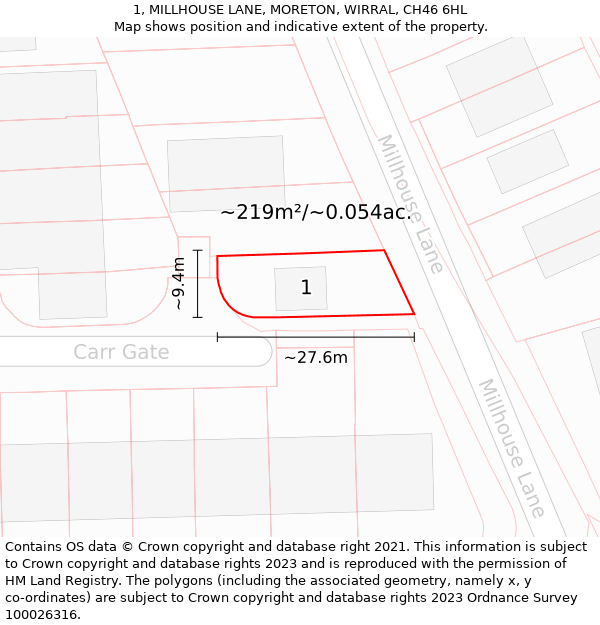 1, MILLHOUSE LANE, MORETON, WIRRAL, CH46 6HL: Plot and title map