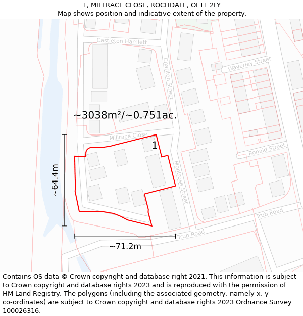 1, MILLRACE CLOSE, ROCHDALE, OL11 2LY: Plot and title map