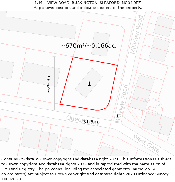 1, MILLVIEW ROAD, RUSKINGTON, SLEAFORD, NG34 9EZ: Plot and title map