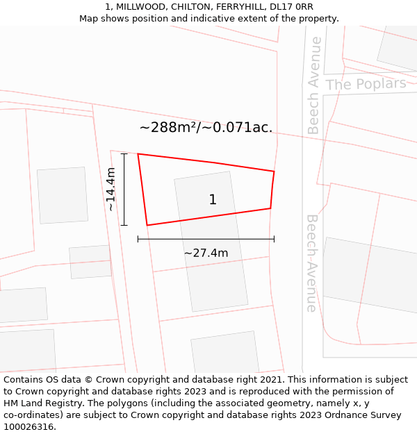 1, MILLWOOD, CHILTON, FERRYHILL, DL17 0RR: Plot and title map