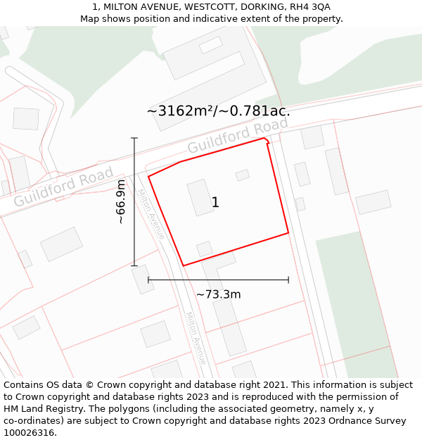 1, MILTON AVENUE, WESTCOTT, DORKING, RH4 3QA: Plot and title map