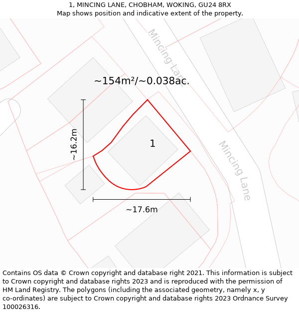 1, MINCING LANE, CHOBHAM, WOKING, GU24 8RX: Plot and title map