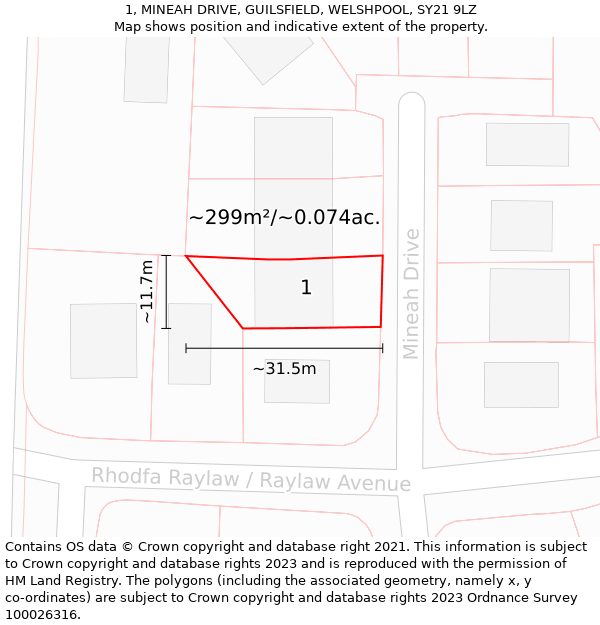 1, MINEAH DRIVE, GUILSFIELD, WELSHPOOL, SY21 9LZ: Plot and title map