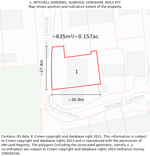 1, MITCHELL GARDENS, SLINFOLD, HORSHAM, RH13 0TY: Plot and title map