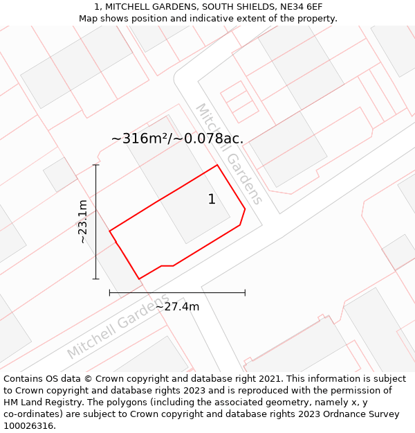 1, MITCHELL GARDENS, SOUTH SHIELDS, NE34 6EF: Plot and title map