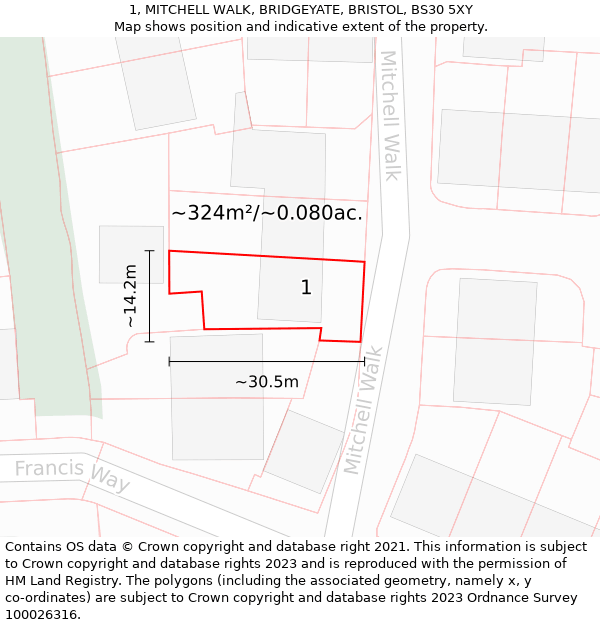 1, MITCHELL WALK, BRIDGEYATE, BRISTOL, BS30 5XY: Plot and title map