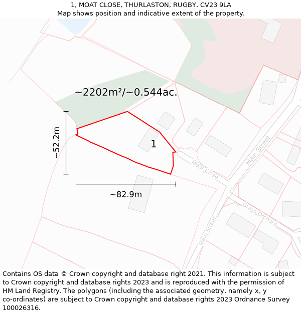 1, MOAT CLOSE, THURLASTON, RUGBY, CV23 9LA: Plot and title map