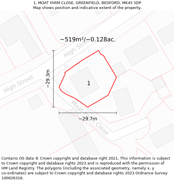 1, MOAT FARM CLOSE, GREENFIELD, BEDFORD, MK45 5DP: Plot and title map