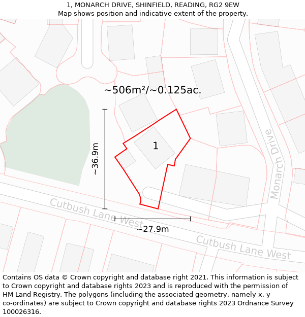 1, MONARCH DRIVE, SHINFIELD, READING, RG2 9EW: Plot and title map