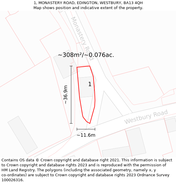 1, MONASTERY ROAD, EDINGTON, WESTBURY, BA13 4QH: Plot and title map