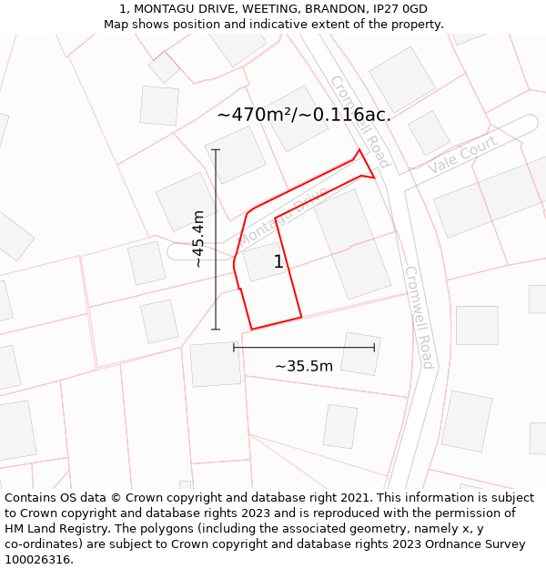 1, MONTAGU DRIVE, WEETING, BRANDON, IP27 0GD: Plot and title map