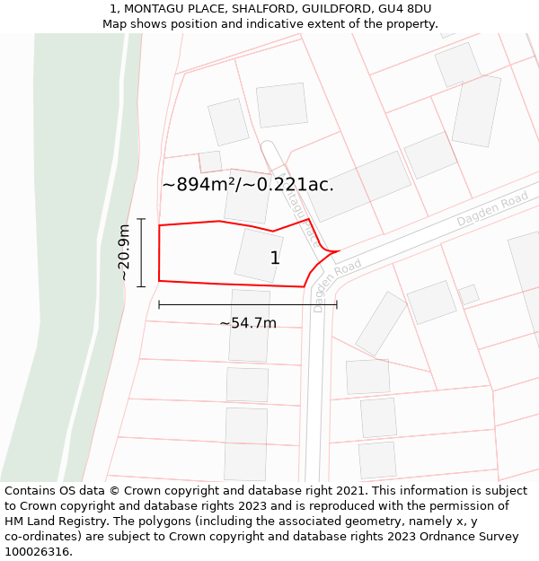 1, MONTAGU PLACE, SHALFORD, GUILDFORD, GU4 8DU: Plot and title map