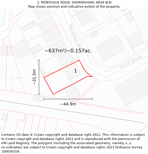 1, MONTAGUE ROAD, SHERINGHAM, NR26 8LN: Plot and title map