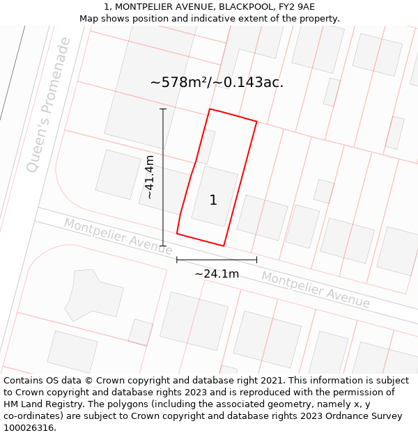 1, MONTPELIER AVENUE, BLACKPOOL, FY2 9AE: Plot and title map
