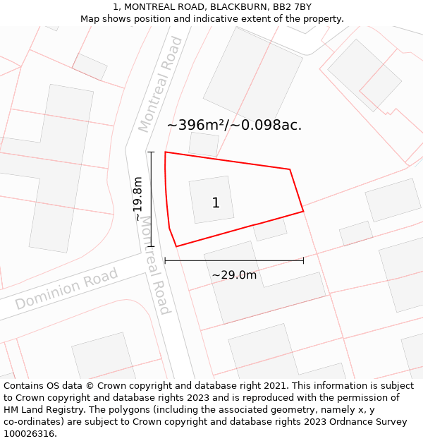 1, MONTREAL ROAD, BLACKBURN, BB2 7BY: Plot and title map