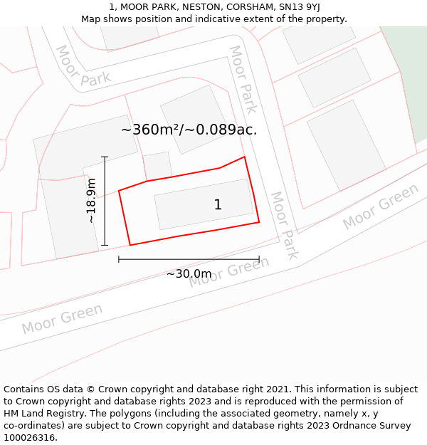 1, MOOR PARK, NESTON, CORSHAM, SN13 9YJ: Plot and title map